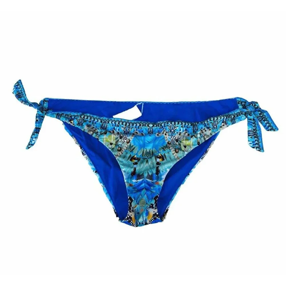 Camilla - Women's XL Bikini Bottom Side Tie Adjustable Blue Gem Beaded Luxury - Picture 2 of 10